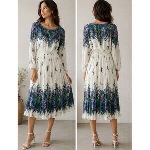 Vintage Hal Ferman Floral Pleated Midi Dress Made in USA Purple Iris Print Sz 10